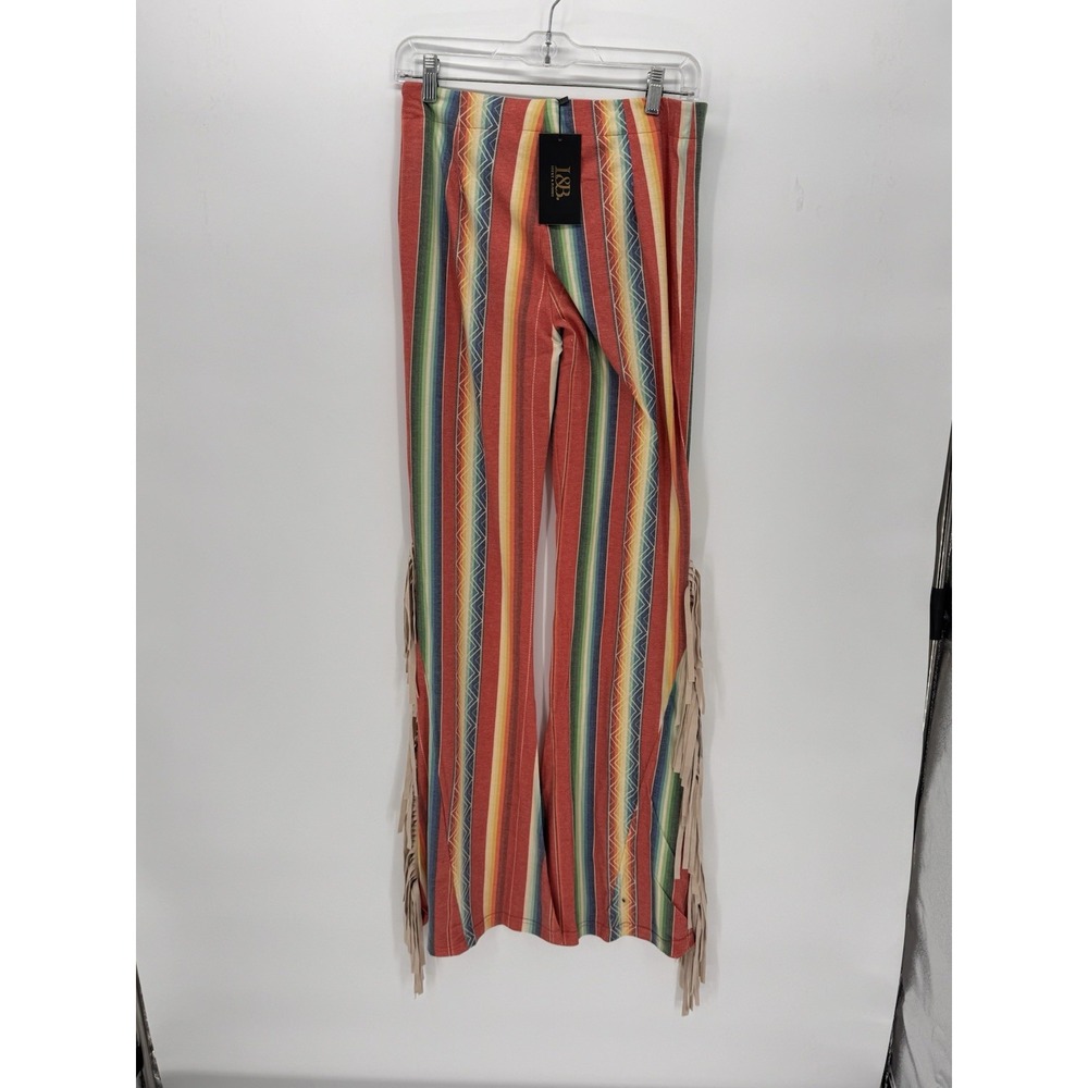 L&B Lucky & Blessed Pants Small Tan High Rise Flare Bell Bottom Aztec Fringe